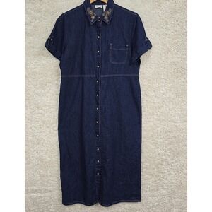 Vtg White Stag Dress Large Blue Denim Embroidered‎ Snap Western Modest Timeless